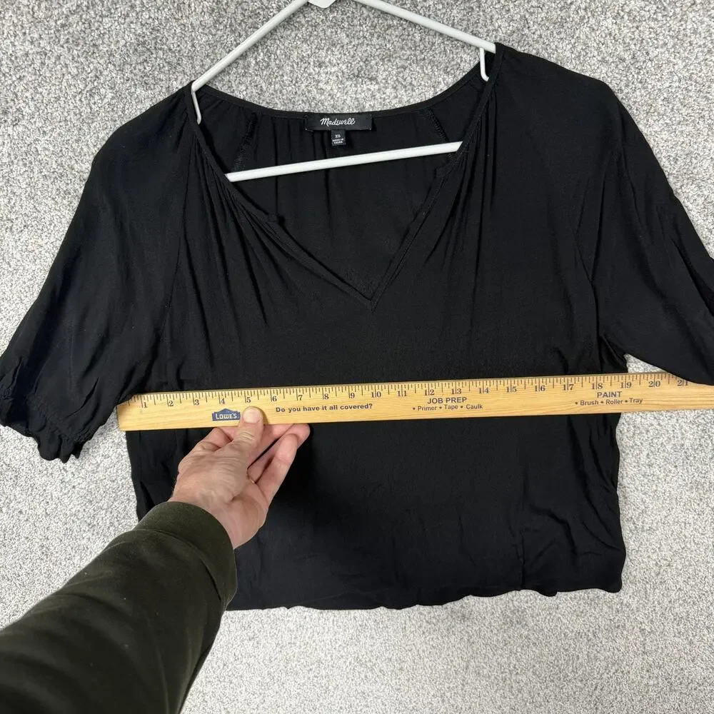 Madewell Blouse Womens XS Black V-Neck Puff Sleeve Ruffle Boho Chic Romantic